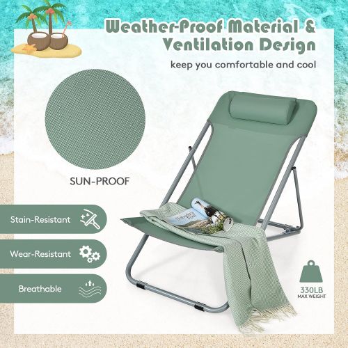  GYMAX Folding Beach Chair Set of 2, 3-Position Adjustable Camping Chair with Headrest & Non-Slip Foot Pad, Portable Lightweight Patio Poolside Chair for Indoor/Outdoor (2, Green)