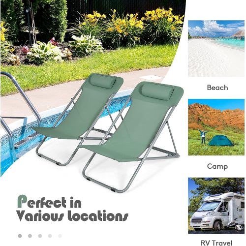  GYMAX Folding Beach Chair Set of 2, 3-Position Adjustable Camping Chair with Headrest & Non-Slip Foot Pad, Portable Lightweight Patio Poolside Chair for Indoor/Outdoor (2, Green)