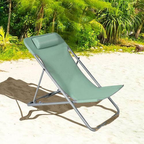  GYMAX Folding Beach Chair Set of 2, 3-Position Adjustable Camping Chair with Headrest & Non-Slip Foot Pad, Portable Lightweight Patio Poolside Chair for Indoor/Outdoor (2, Green)