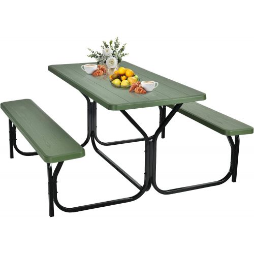  Gymax Picnic Table, Camping Picnic Tables Bench Set for Outside Backyard Garden Patio Dining Party