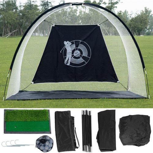  GYMAX Golf Net, Golf Driving Hitting Net Portable Training Mat with Target Sheet, Two Side Barrier and Free Bag, Golf Practice Net for Indoor and Outdoor