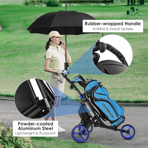  GYMAX Golf Push Cart, 3 Wheels Aluminum Folding Height Adjustable Golf Push Trolley with Umbrella Holder & Waterproof Bag, Portable Lightweight Quick Open Fold Golf Cart