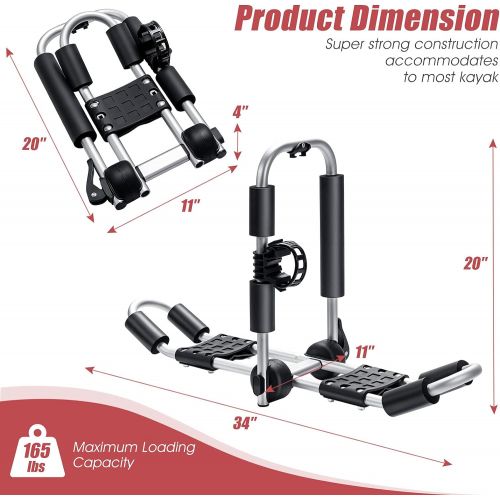  GYMAX 2Pcs J-Bar Kayak Roof Rack, Universal Foldable Kayak Carrier for Kayak, Canoe, Surf Board, Ski Board, Rooftop Mount on SUV, Car and Truck Crossbar (Two Sides)