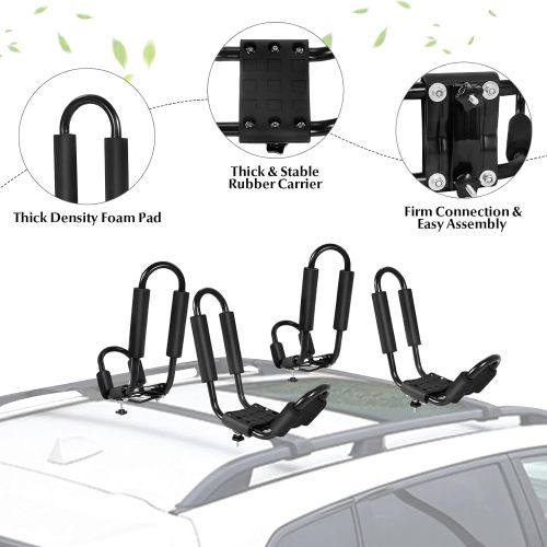  GYMAX 2Pairs Universal Kayak Roof Rack, J-Bar Roof Top Carrier with Straps, Foam Pad & Buckles, Mount Crossbar on SUV Van Car for SUP, Boat, Kayak, Canoes, Ski Board