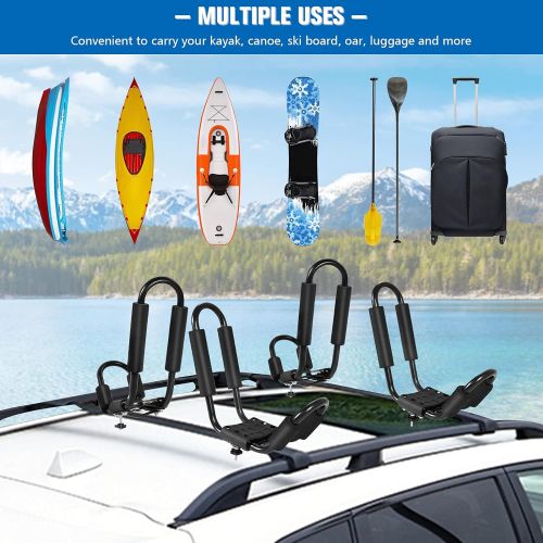  GYMAX 2Pairs Universal Kayak Roof Rack, J-Bar Roof Top Carrier with Straps, Foam Pad & Buckles, Mount Crossbar on SUV Van Car for SUP, Boat, Kayak, Canoes, Ski Board