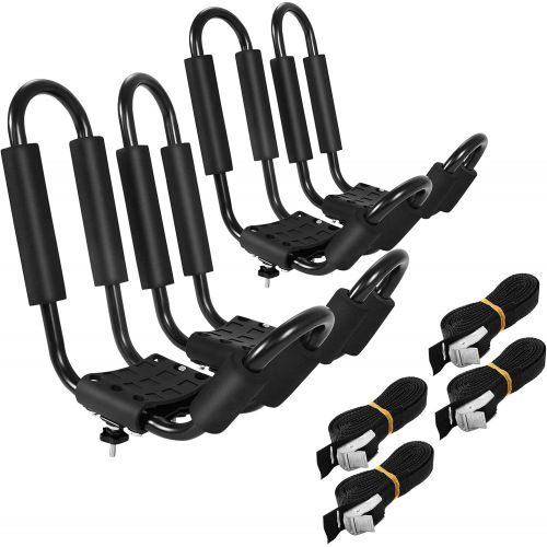  GYMAX 2Pairs Universal Kayak Roof Rack, J-Bar Roof Top Carrier with Straps, Foam Pad & Buckles, Mount Crossbar on SUV Van Car for SUP, Boat, Kayak, Canoes, Ski Board