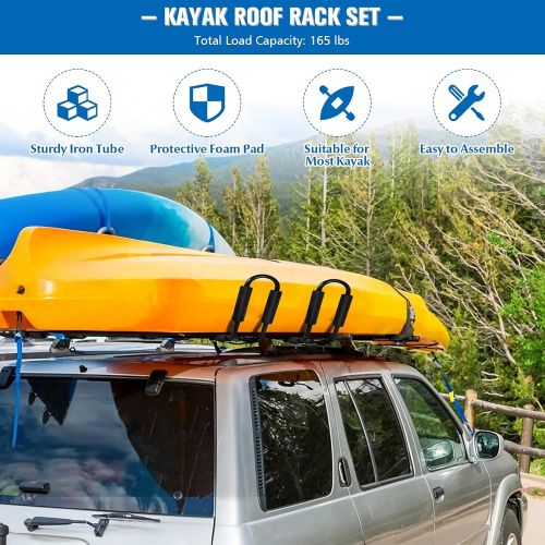  GYMAX 2Pairs Universal Kayak Roof Rack, J-Bar Roof Top Carrier with Straps, Foam Pad & Buckles, Mount Crossbar on SUV Van Car for SUP, Boat, Kayak, Canoes, Ski Board