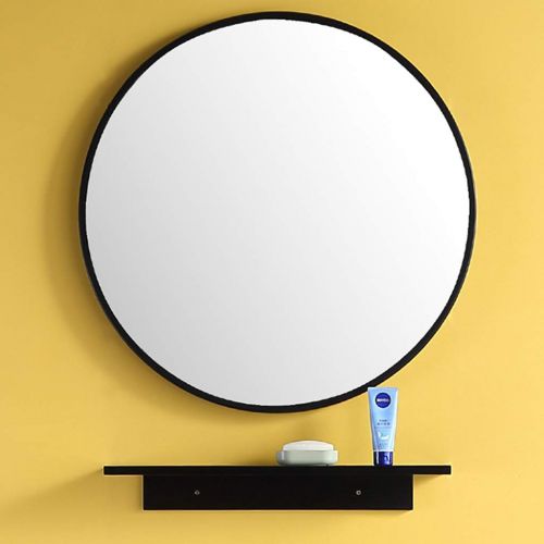  GYX-Bathroom Mirror 40cm Diameter Bathroom Shaving Mirror Metal Frame Wall Mirror with Shelf Bedroom Decor Hanging Vanity Mirror Hallway and Living Room, Black