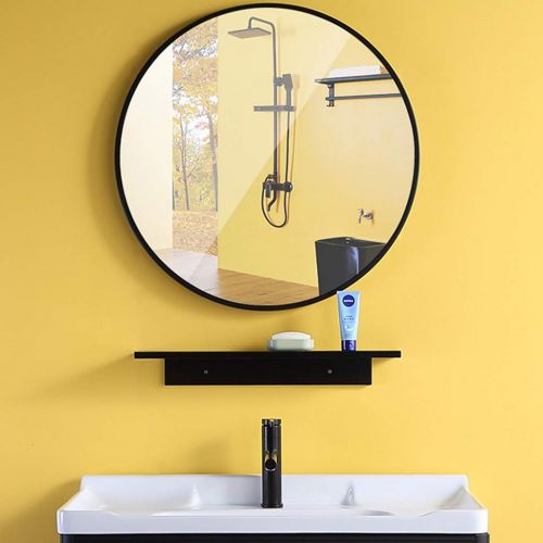  GYX-Bathroom Mirror 40cm Diameter Bathroom Shaving Mirror Metal Frame Wall Mirror with Shelf Bedroom Decor Hanging Vanity Mirror Hallway and Living Room, Black