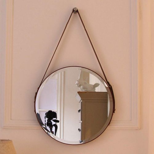  GYX-Bathroom Mirror Round Hanging Mirror, 50/60cm Diameter Living Decoration Vanity Mirror Shaving Mirror Bathroom with Chain Wall Mirror - Brown