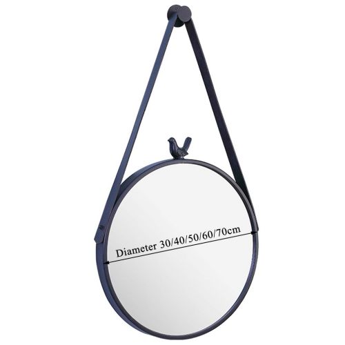  GYX-Wall Mirror Round Leather Frame Wall Mirror with Bird, Bathroom Mirror Wall Hanging Decorative Vanity Mirror Shaving Mirror with Hanging Chain Modern Style - Black