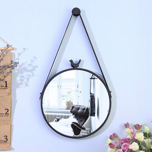  GYX-Wall Mirror Round Leather Frame Wall Mirror with Bird, Bathroom Mirror Wall Hanging Decorative Vanity Mirror Shaving Mirror with Hanging Chain Modern Style - Black