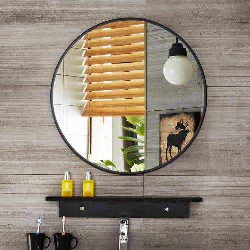  GYX-Wall Mirror Round Wall Mirror, Modern Metal Frame, Bedroom Decoration Hanging Cosmetic Mirror, Bathroom Shaving Mirror Have Storage Space with Shelf - Black