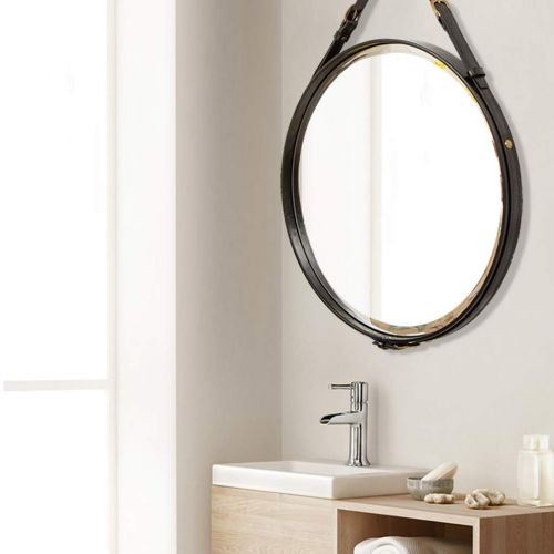 GYX-Wall Mirror Round Leather Frame Wall Mirror, Bathroom Mirror Wall Hanging Decorative Vanity Mirror Shaving Mirror with Hanging Chain Modern Style - Black