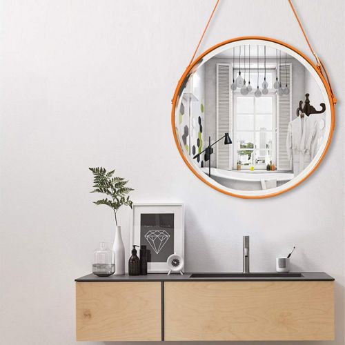  GYX-Wall Mirror Round Leather Frame Wall Mirror, Bathroom Mirror Wall Hanging Decorative Vanity Mirror Shaving Mirror with Hanging Chain Modern Style - Orange