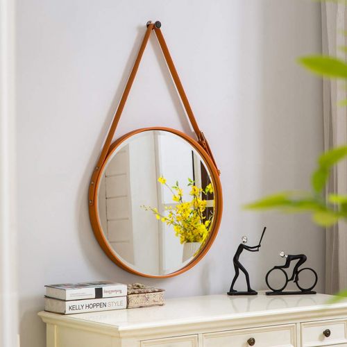  GYX-Wall Mirror Round Leather Frame Wall Mirror, Bathroom Mirror Wall Hanging Decorative Vanity Mirror Shaving Mirror with Hanging Chain Modern Style - Orange