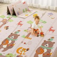 Foldable Baby Play Mat,Reversible, Waterproof, Anti-Slip Floor Playing Mats for Infants, Babies, Toddlers Indoor/Outdoor (Cute Bear Tall Foot+Animal Music Festival, 79 * 51 * 0.4)