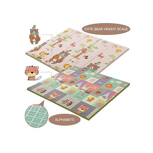  Foldable Baby Play Mat,Reversible, Waterproof, Anti-Slip Floor Playing Mats for Infants, Babies, Toddlers Indoor/Outdoor (Cute Bear Tall Foot+Animal Music Festival, 79 * 51 * 0.4)