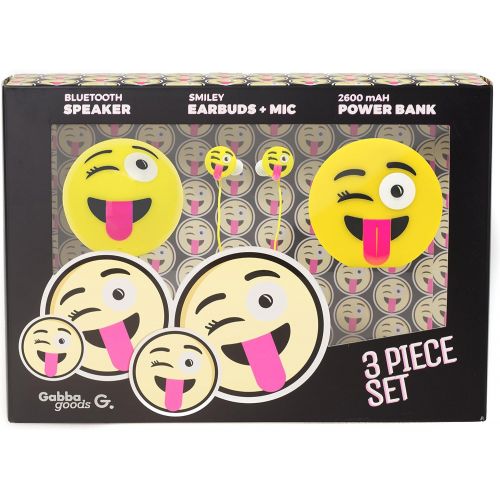  GabbaGoods 3 Piece Tongue Out Emoticon Kids Electronics Combo Gift Set- Gabba Goods Bluetooth Wireless Audio Sound Speaker, In-Ear Emoji EarBuds with Mic, and a 2600 mAh Portable C