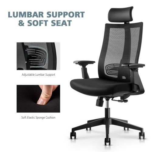  Gabrylly Office Chair Ergonomic Mesh Chair, Adjustable Desk Chair, High-Back with Lumbar Support, 3D Armrest, Comfortable Seat and Headrest (Black) (Black-2)