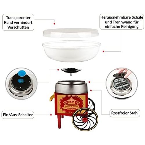  Gadgy  Zuckerwattemaschine Wagen fuer Zuhause | Cotton Candy Machine | fuer Zucker oder Harte Suessigkeiten | Zuckerwattegerat fuer Kindergeburtstag | Rot Weiss