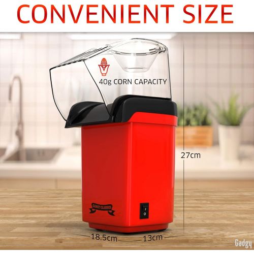  [아마존베스트]Gadgy  Fast hot air popcorn machine, healthy, oil-free, fat-free, with measuring cup and removable top cover, retro red pad.