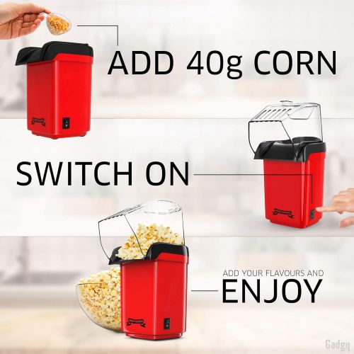  [아마존베스트]Gadgy  Fast hot air popcorn machine, healthy, oil-free, fat-free, with measuring cup and removable top cover, retro red pad.