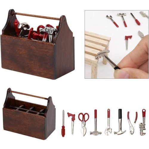  Gaeirt Miniature Wooden Tool Box, Mini Baby Dolls Tool Box 1/12 Scale Dollhouse Tool Box with Tool Dollhouse Accessories Doll House Tool Kit Miniature Toolbox Tools Set for Dollhou