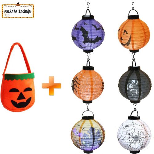  할로윈 용품Gaekce Halloween Decorations Paper Lanterns with LED Light for Holiday Home Party, 6 Pcs, Bats,Spiders, Skeleton, Jack-O, Castle, with Halloween Goodie Bag