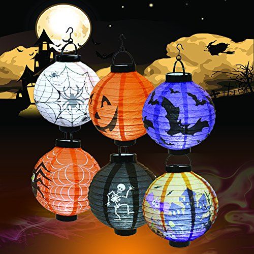  할로윈 용품Gaekce Halloween Decorations Paper Lanterns with LED Light for Holiday Home Party, 6 Pcs, Bats,Spiders, Skeleton, Jack-O, Castle, with Halloween Goodie Bag