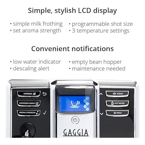  Gaggia Anima Coffee and Espresso Machine, Includes Steam Wand for Manual Frothing for Lattes and Cappuccinos with Programmable Options,Black