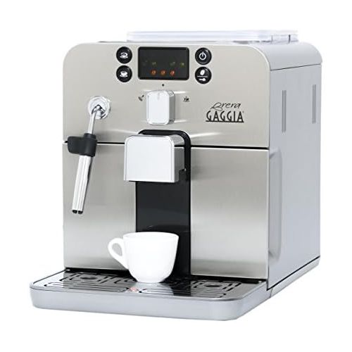  Gaggia Brera Super Automatic Espresso Machine in Silver. Pannarello Wand Frothing for Latte and Cappuccino Drinks. Espresso from Pre-Ground or Whole Bean Coffee.