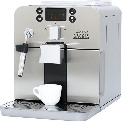  Gaggia Brera Super Automatic Espresso Machine in Silver. Pannarello Wand Frothing for Latte and Cappuccino Drinks. Espresso from Pre-Ground or Whole Bean Coffee.