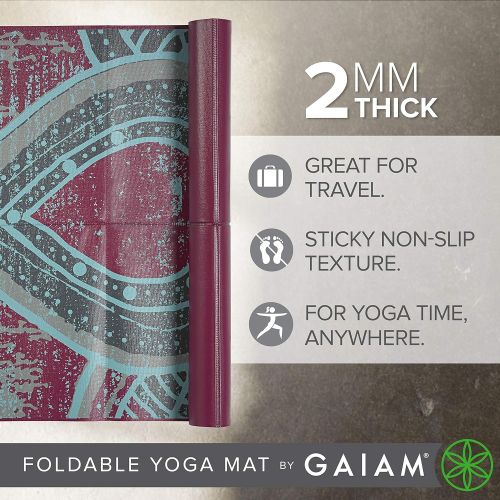  Gaiam Yoga Mat - Folding Travel Fitness & Exercise Mat - Foldable Yoga Mat for All Types of Yoga, Pilates & Floor Workouts (68L x 24W x 2mm Thick)