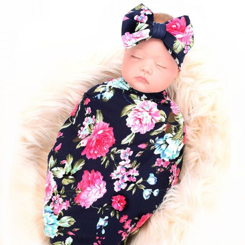  Newborn Receiving Blanket Headband Set Flower Print Baby Swaddle Receiving Blankets Galabloomer