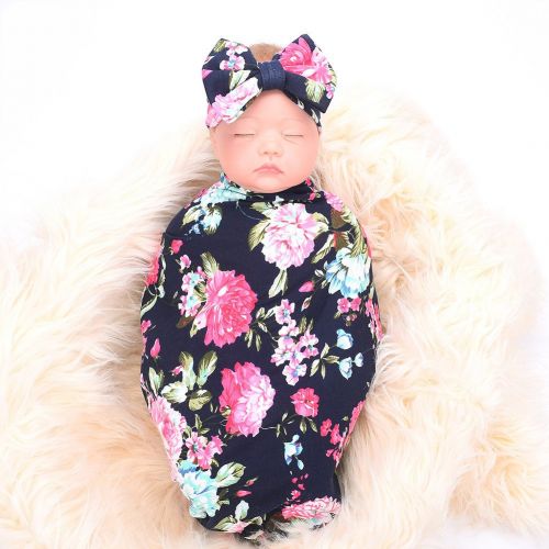  Newborn Receiving Blanket Headband Set Flower Print Baby Swaddle Receiving Blankets Galabloomer