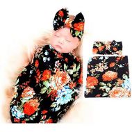 [아마존베스트]Newborn Receiving Blanket Headband Set Flower Print Baby Swaddle Receiving Blankets Galabloomer
