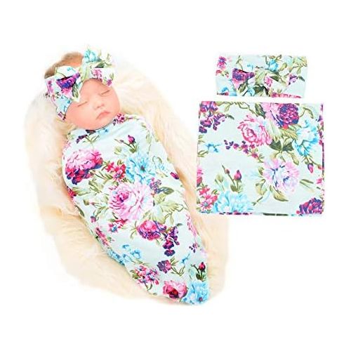  [아마존베스트]Galabloomer Newborn Receiving Blanket Headband Set Flower Print Baby Swaddle Receiving Blankets