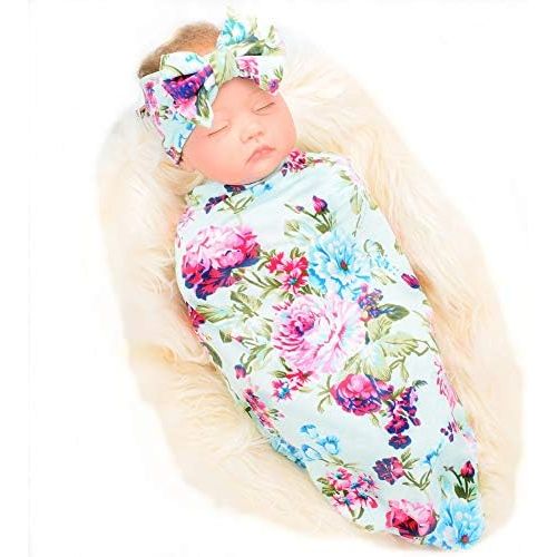  [아마존베스트]Galabloomer Newborn Receiving Blanket Headband Set Flower Print Baby Swaddle Receiving Blankets