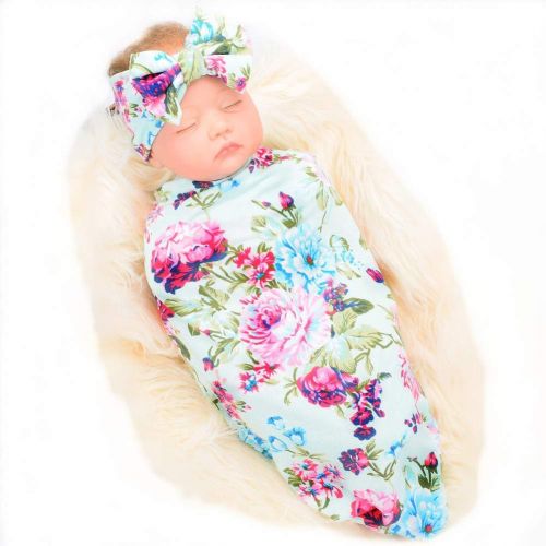  [아마존베스트]Galabloomer Newborn Receiving Blanket Headband Set Flower Print Baby Swaddle Receiving Blankets