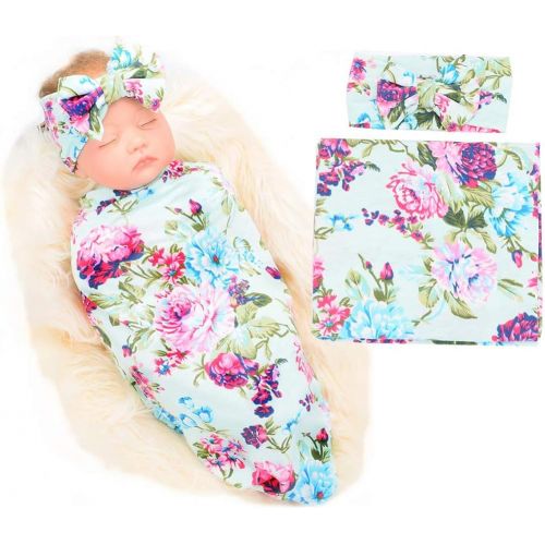  [아마존베스트]Galabloomer Newborn Receiving Blanket Headband Set Flower Print Baby Swaddle Receiving Blankets