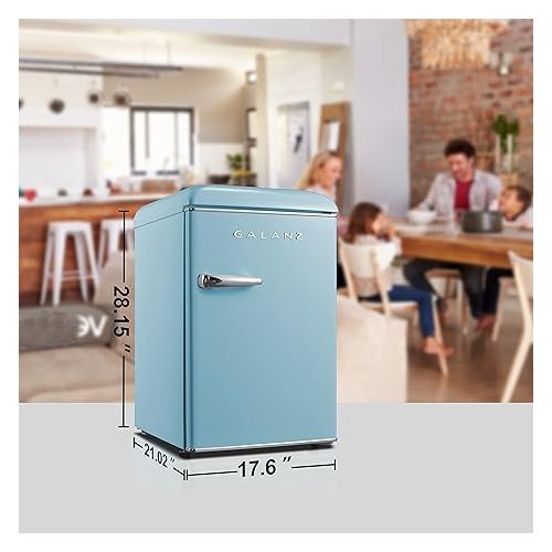  Galanz GLR25MBER10 Retro Compact Refrigerator, Mini Fridge with Single Doors, Adjustable Mechanical Thermostat with Chiller, Blue, 2.5 Cu Ft