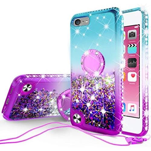  [아마존베스트]Galaxy Wireless New iPod Touch Case,iPod Touch 5th/6th/7th Generation Case Liquid Glitter Quicksand Bling Sparkle Diamond Ring Stand Cases Compatible for Apple iPod Touch 5/6/7,Tea