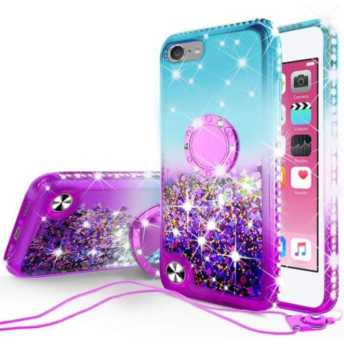  [아마존베스트]Galaxy Wireless New iPod Touch Case,iPod Touch 5th/6th/7th Generation Case Liquid Glitter Quicksand Bling Sparkle Diamond Ring Stand Cases Compatible for Apple iPod Touch 5/6/7,Tea