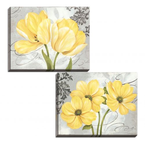  Gango Home Decor Beautiful Grey & Yellow Flower; Two 14X11in Stretched Canvases; Ready to hang!