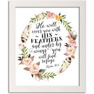 Gango Home Decor Beautiful He Will Cover You with His Feathers. Psalm 91:4 Religious Floral Print Framed; One 11x14in White Framed Print