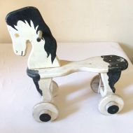 Garagesale715 Vintage childrens wood wooden riding horse on wheels. Fully functional 1950s hand made. Free ship