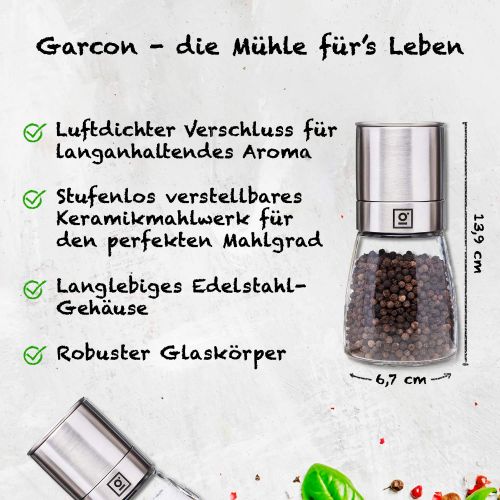  Garcon Salz und Pfeffer Muehle mit verstellbarem Keramikmahlwerk - Edle Salz und Pfeffermuehle aus Edelstahl & Glas im Set