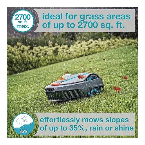  GARDENA SILENO Minimo Automatic Robotic Lawn Mower with Bluetooth app, Boundary Wire - For lawns up to 2700 Sq Ft, Made in Europe, Grey