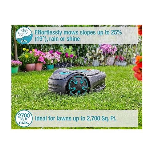  GARDENA SILENO Minimo Automatic Robotic Lawn Mower with Bluetooth app, Boundary Wire - For lawns up to 2700 Sq Ft, Made in Europe, Grey